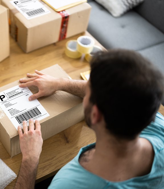 Person preparing e-commerce parcels with return shipping labels.