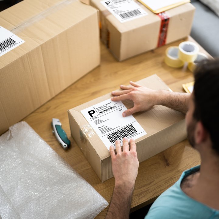 Man applying shipping labels to parcels