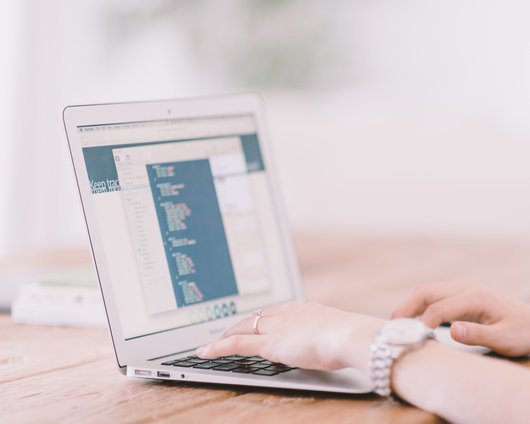 E-commerce professional working on digital tools on a laptop.